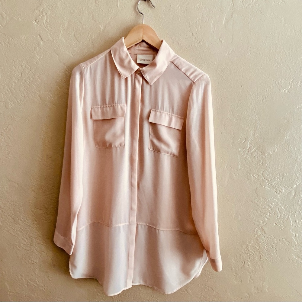 Chico's Women's Pink Button Up Collared Shirt Size 0 (S) Semi Sheer